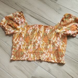 Aerie Floral Puff Sleeve Crop Top - Orange and Pink